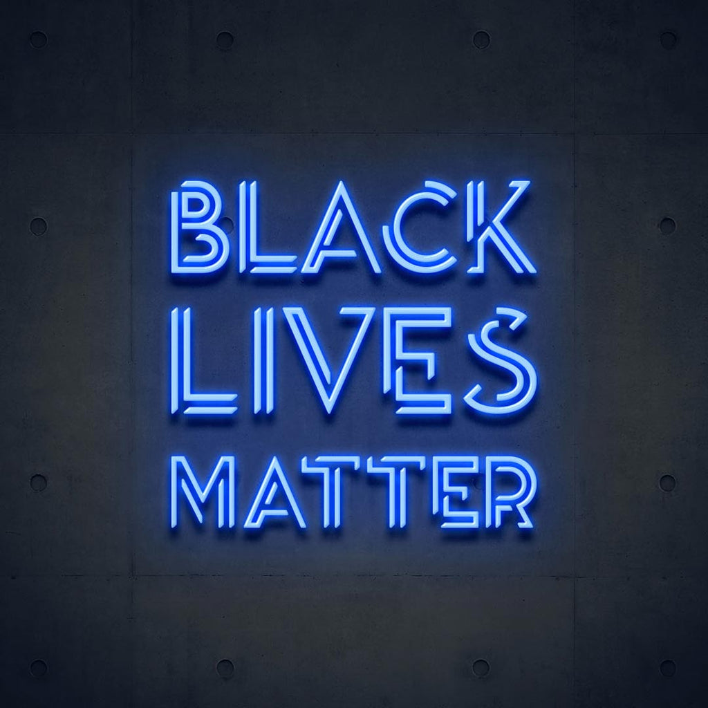 a indigo led neon sign with letters of BLACK LIVES MATTER