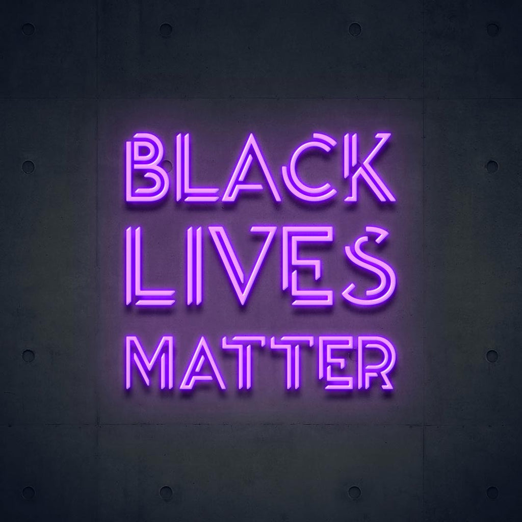 a purple led neon sign with letters of BLACK LIVES MATTER