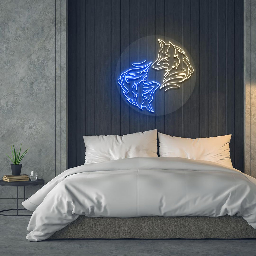 a led neon sign of one blue wolf and one white wolf circled around