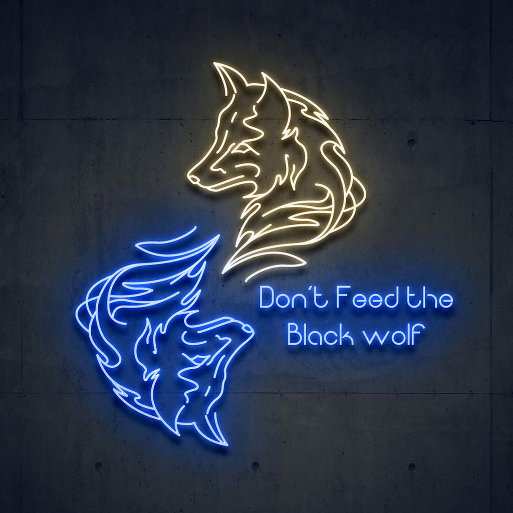 a led neon sign of one blue wolf and one white wolf circled around, with a text of Don't Feed the Black wolf