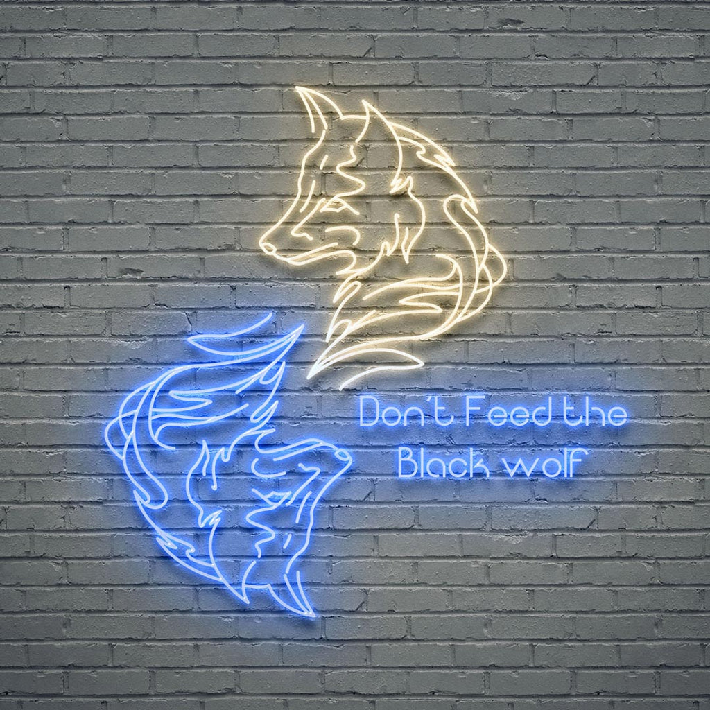a led neon sign of one blue wolf and one white wolf circled around, with a text of Don't Feed the Black wolf