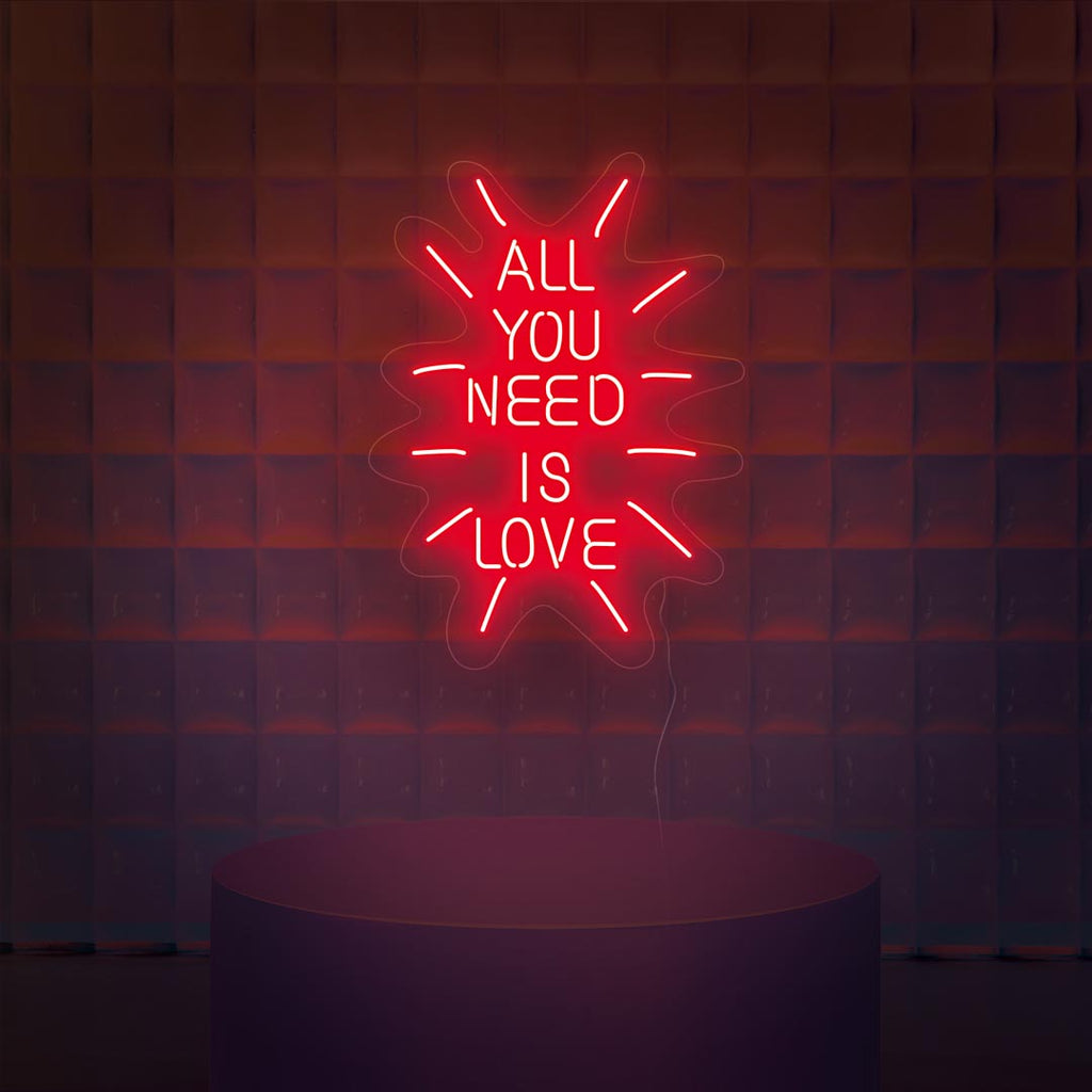 a led neon sign with letters: ALL YOU NEED IS LOVE, the light color is red