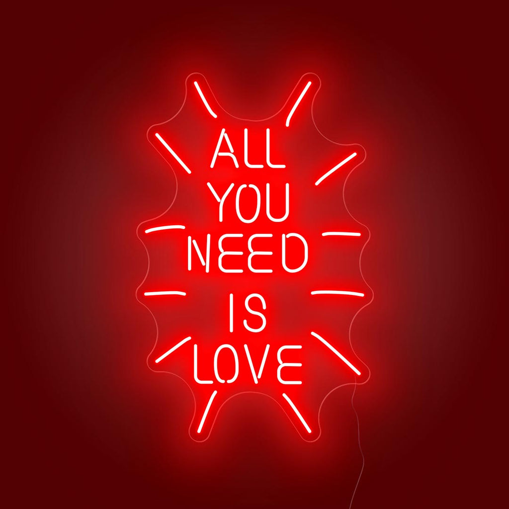 a led neon sign with letters: ALL YOU NEED IS LOVE, the light color is red