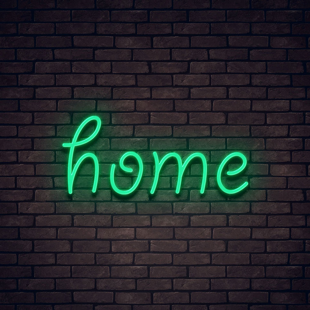 green led neon sign of text home