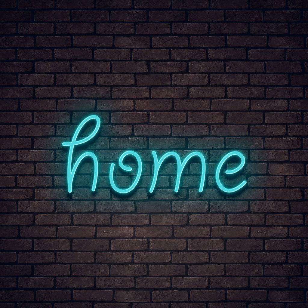 light blue led neon sign of text home