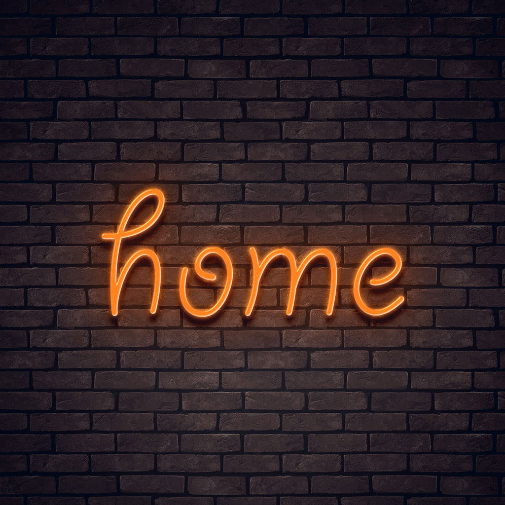 orange led neon sign of text home