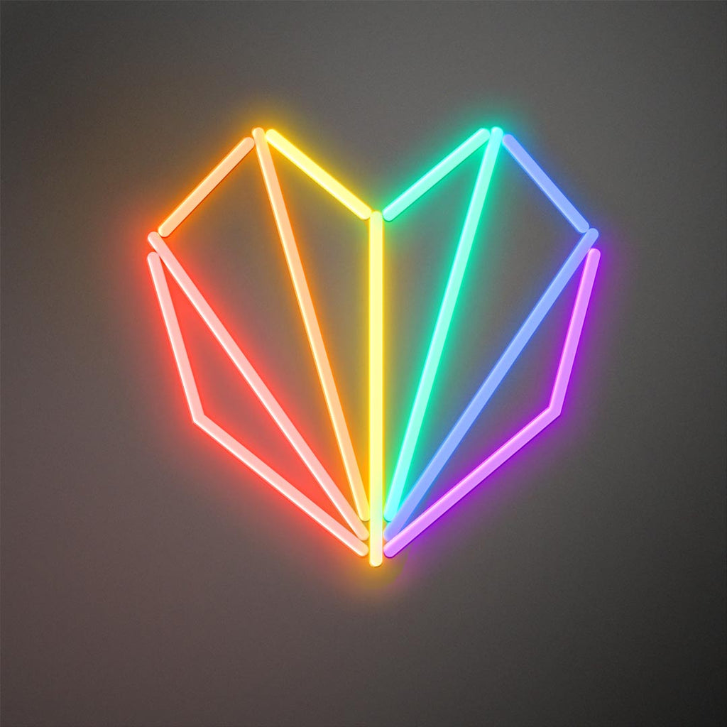 a geometrical heart neon sign with rainbow color or red, orange, yellow, blue and purple