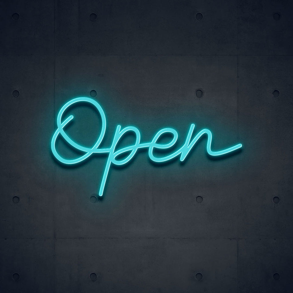light blue open neon sign