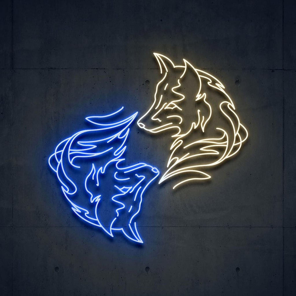 a led neon sign of one blue wolf and one white wolf circled around