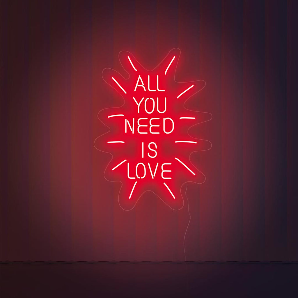 a led neon sign with letters: ALL YOU NEED IS LOVE, the light color is red