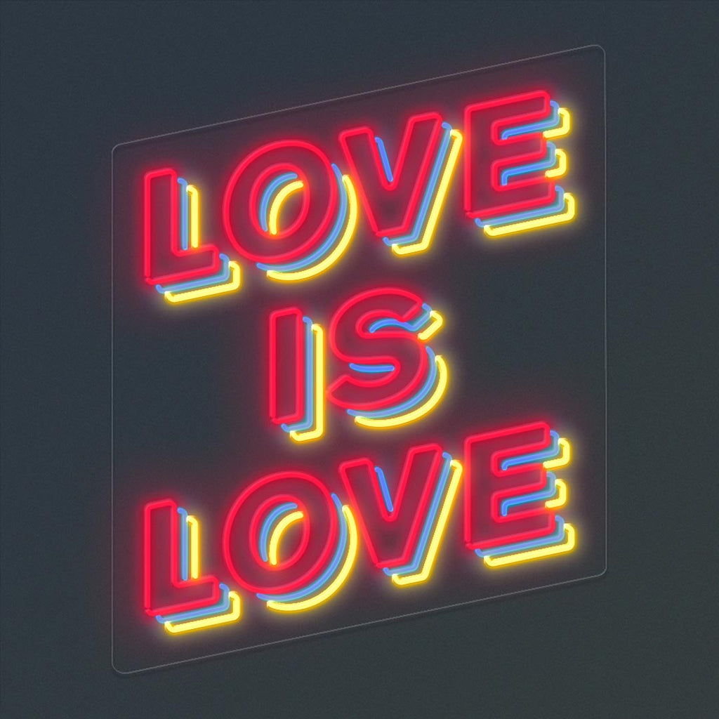 love is love neon sign with the color of red, blue and yellow