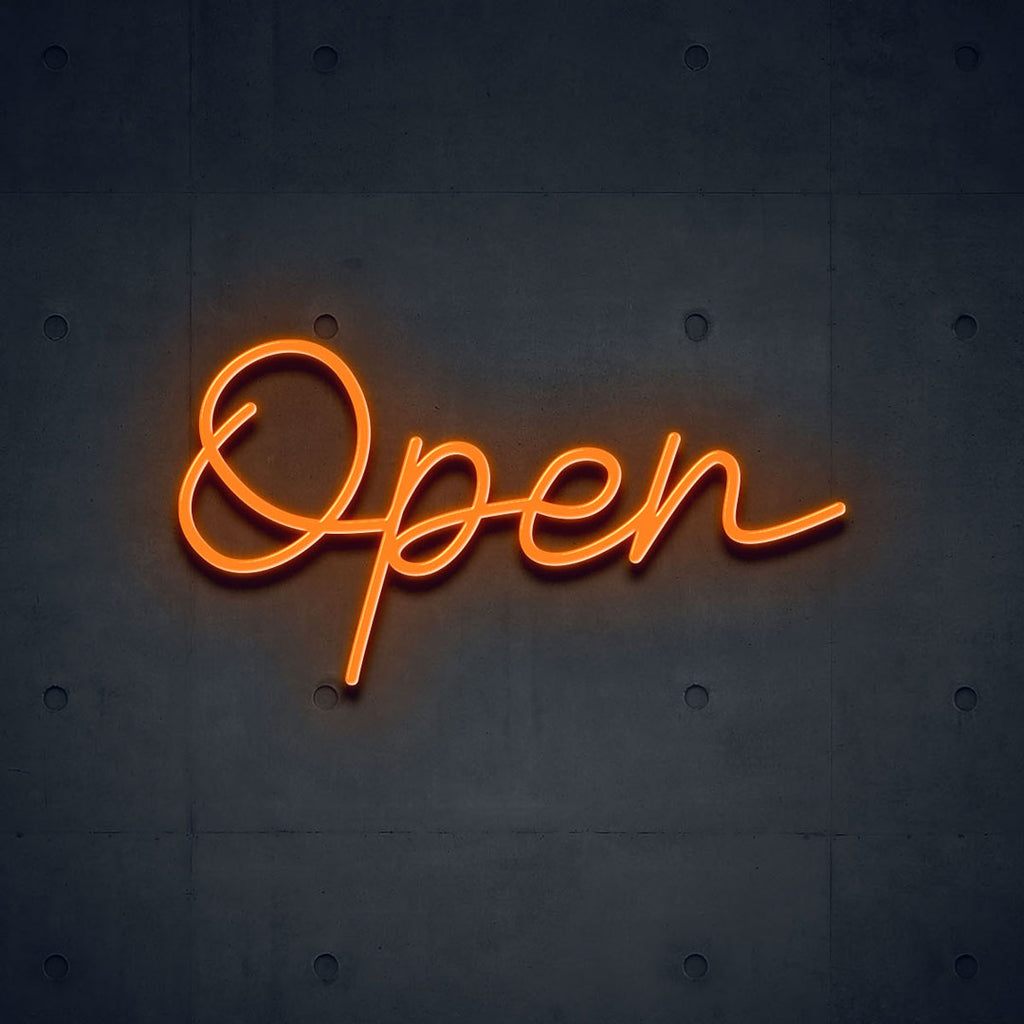 orange open neon sign