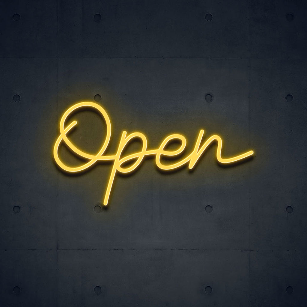 yellow open neon sign